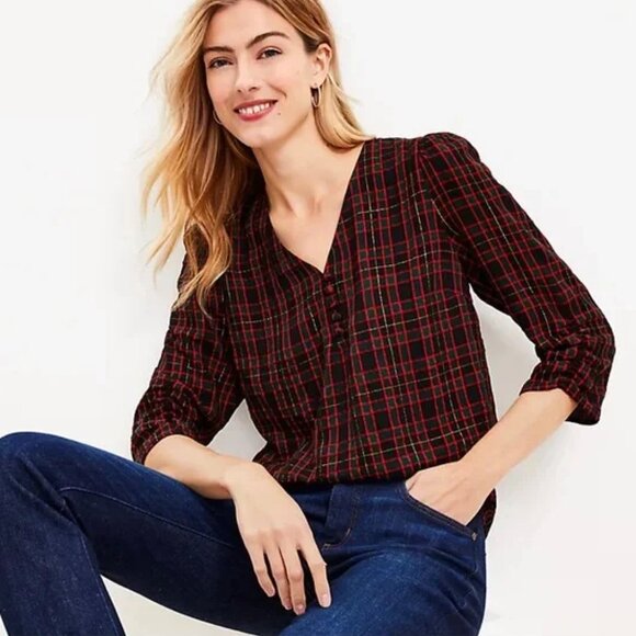 LOFT Shimmer Plaid Shirred V-neck Blouse, 3/4 Sleeves Holiday Christmas Top - Picture 2 of 12
